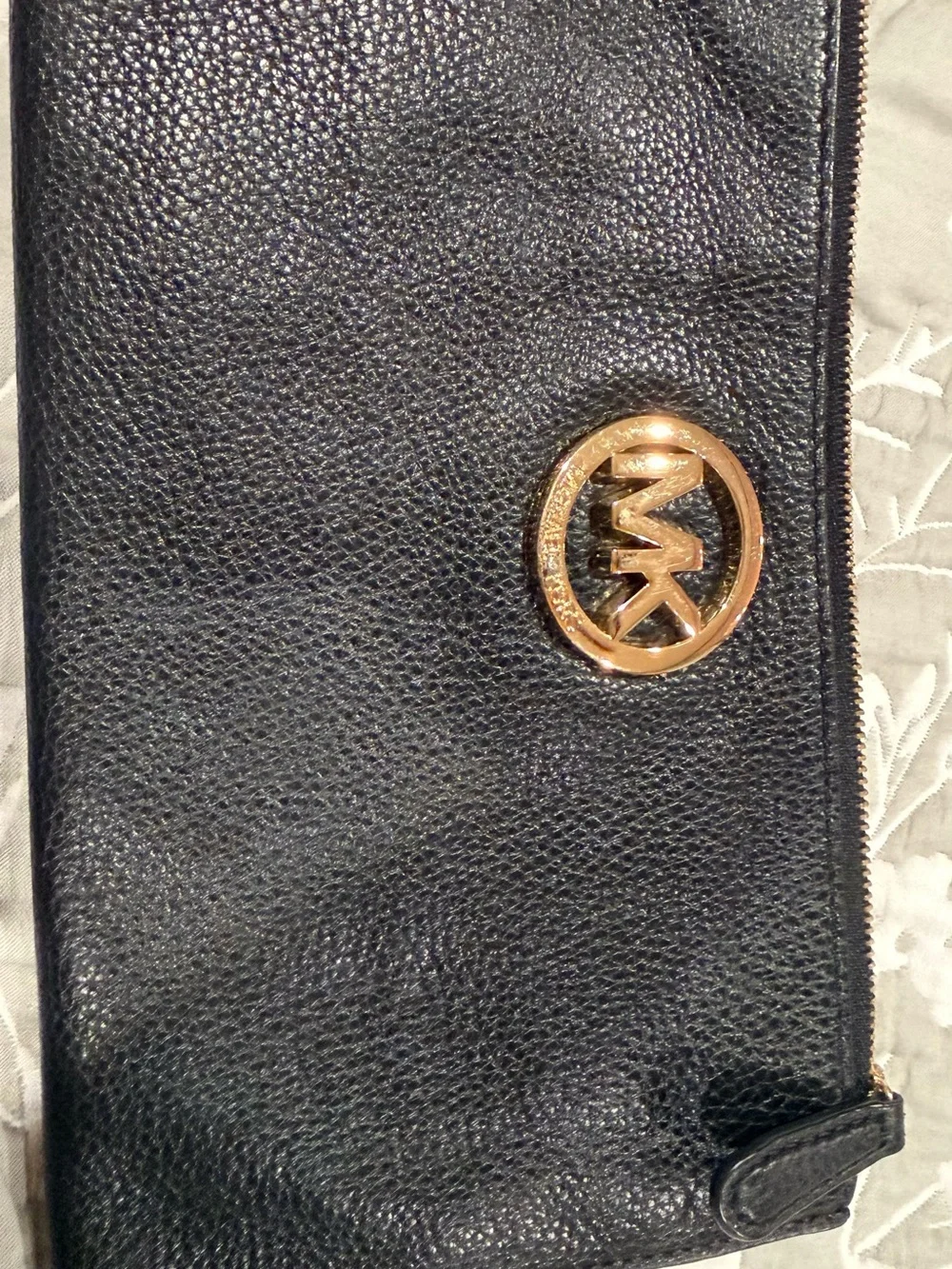 Michael Kors Black Leather Wristlet with Gold MK Emblem